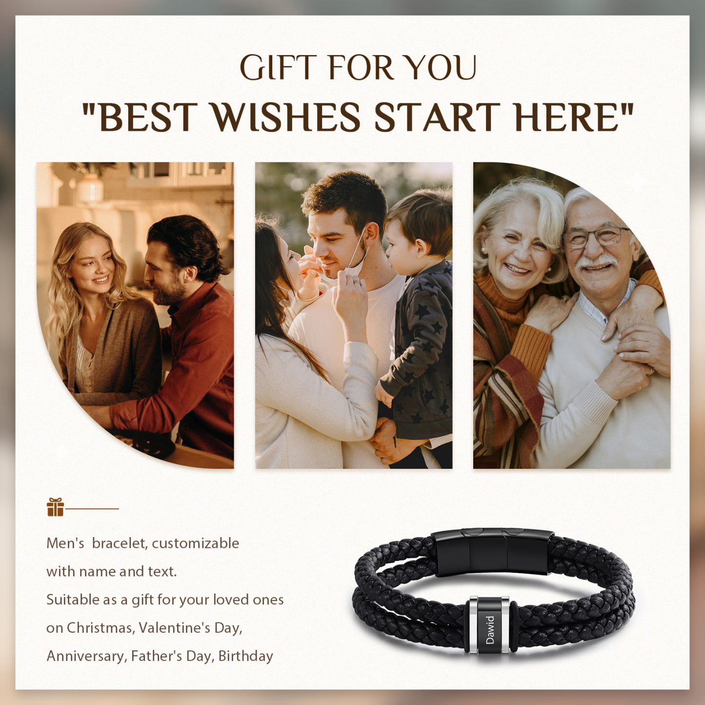 Bracelet Personnalisé en Cuir et Acier Inoxydable Personnalisé avec 1 Prénom Bracelet Homme | Jessemade