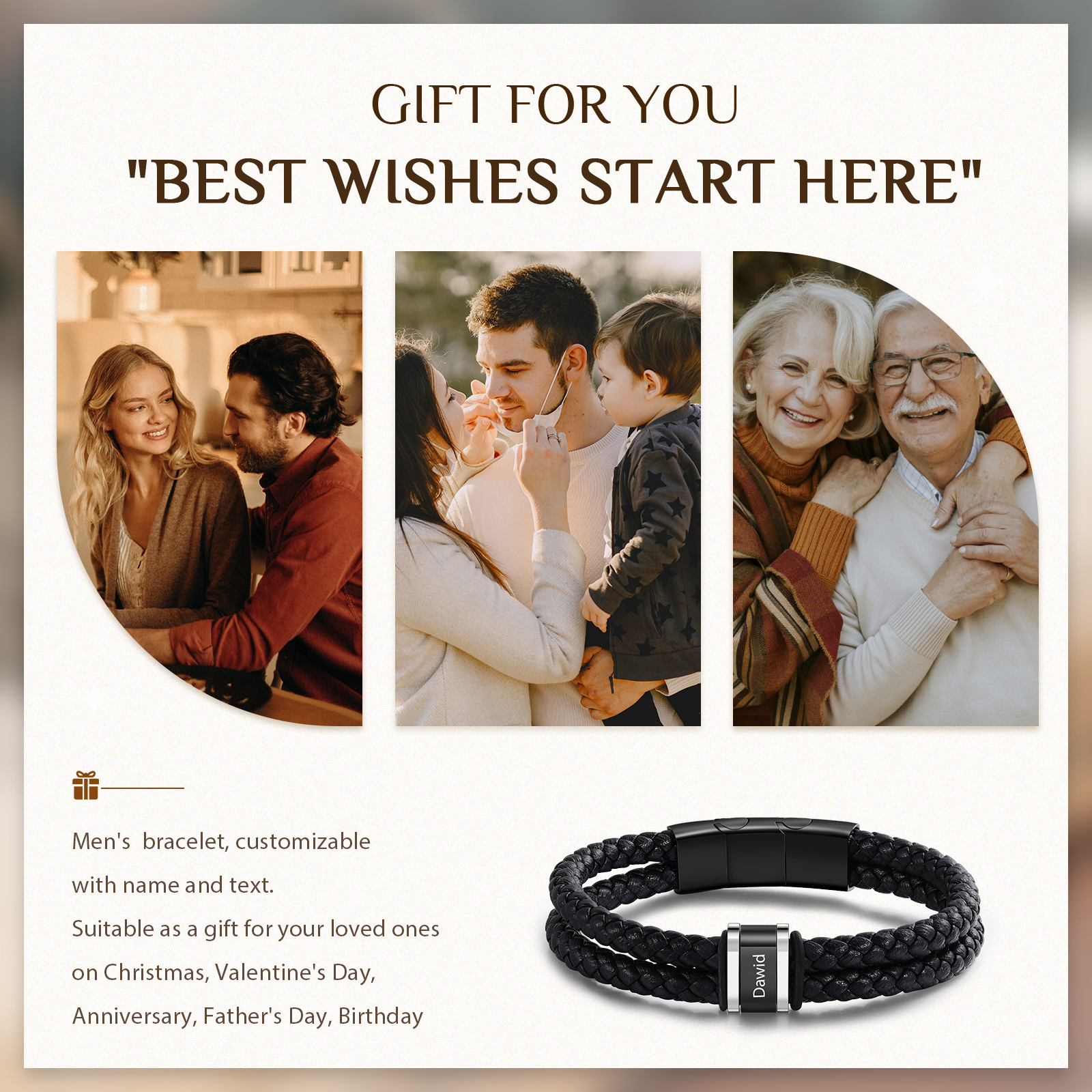 Bracelet Personnalisé en Cuir et Acier Inoxydable Personnalisé avec 1 Prénom Bracelet Homme | Jessemade