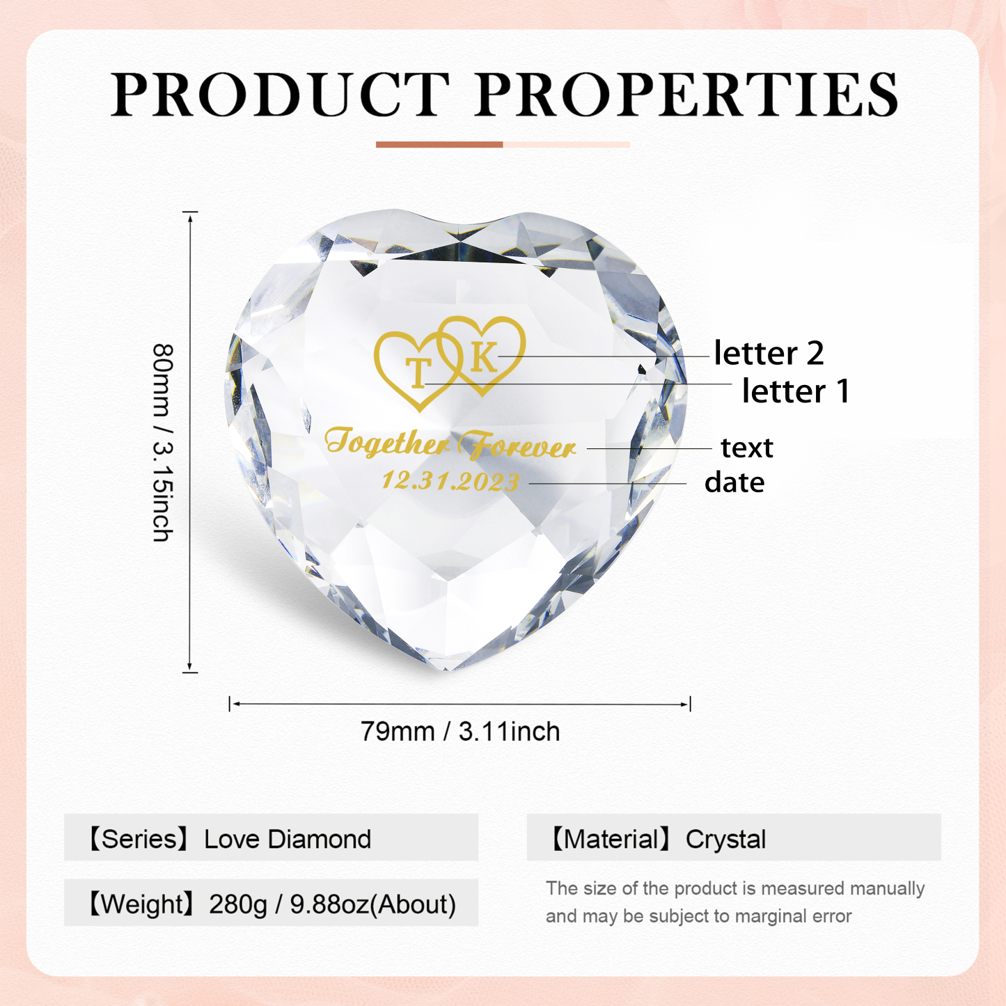 Décoration Cristal Cœur 2 Lettres Personnalisées avec Texte et Date pour Couple