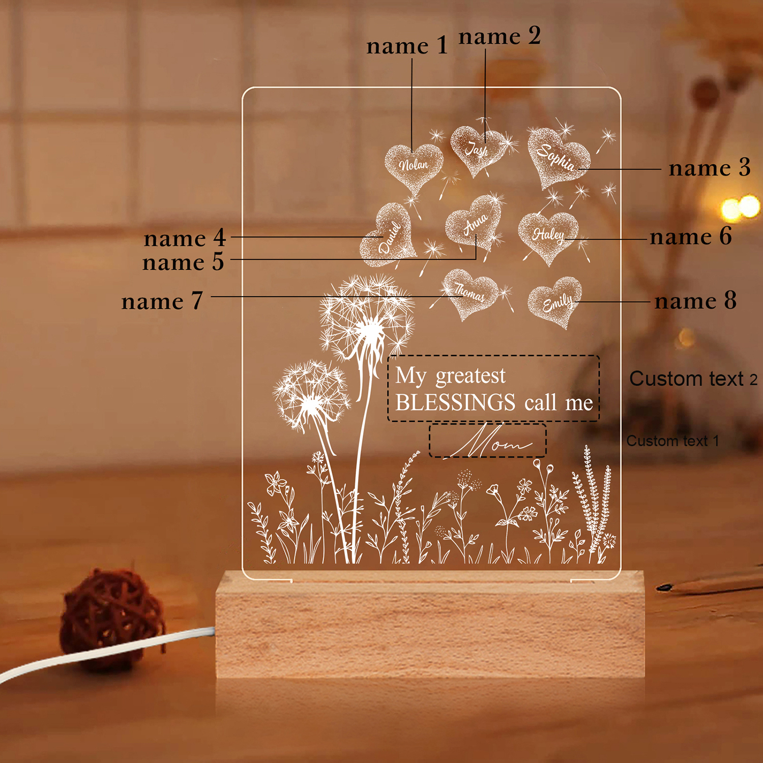 À Maman/Mamie - Lampe de chevet LED Pissenlit 8 Prénoms Personnalisés avec 2 Textes pour Famille
