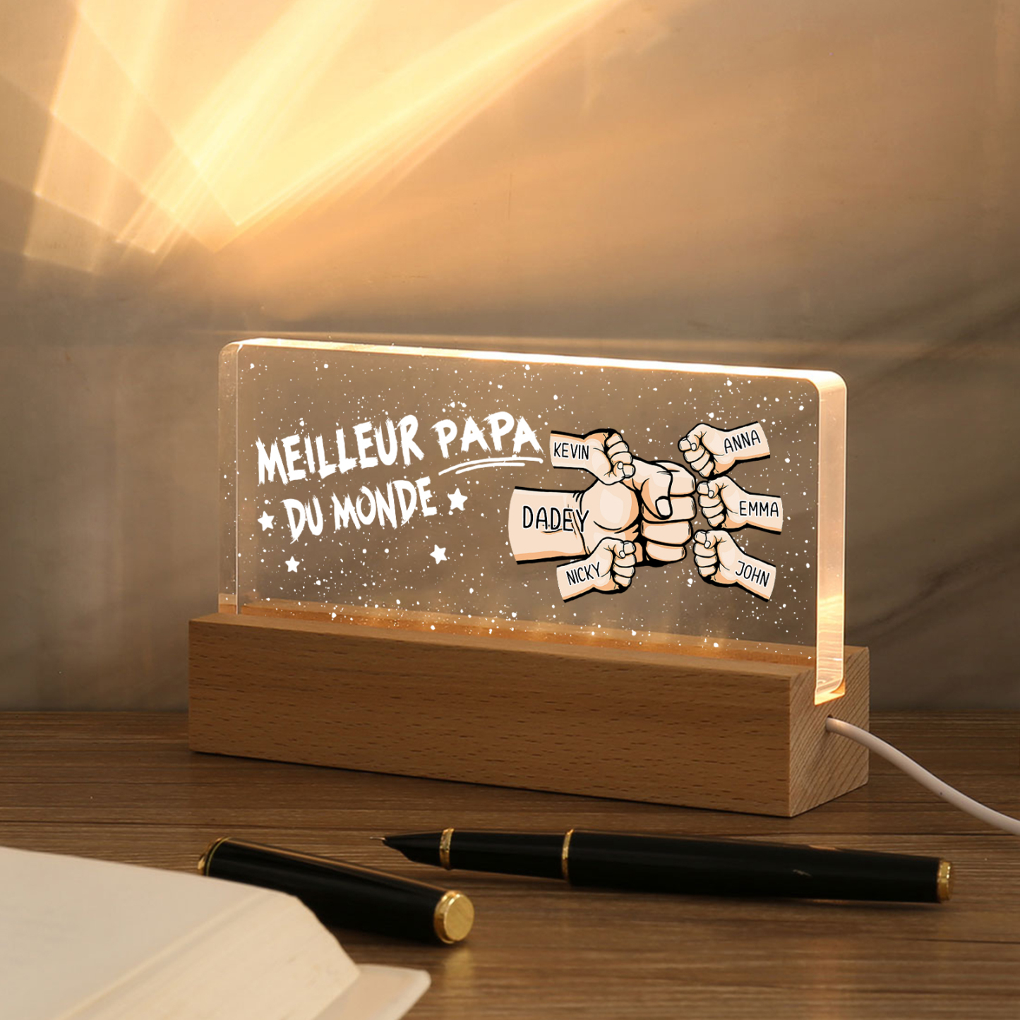 À mon Papa- Lampe de chevet LED Poings 6 Prénoms Personnalisés