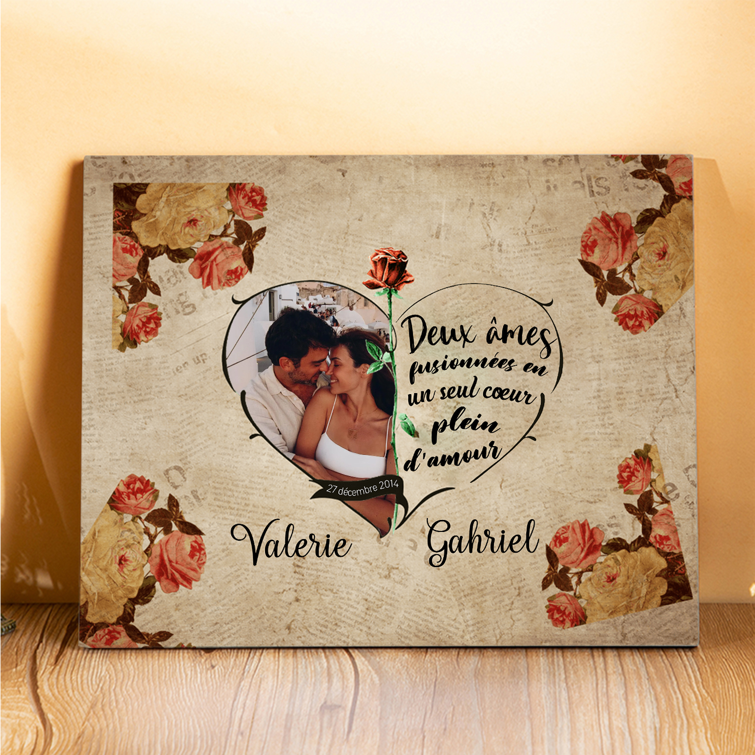 Cadre en Bois 2 Prénoms Personnalisés avec Photo et Date pour Couple Cadeau Saint Valentin