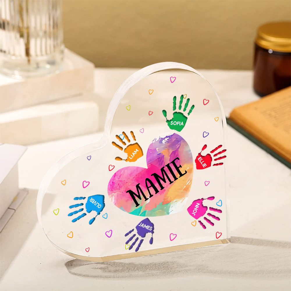 À ma Maman/Mamie - Plaque Acrylique Mains et Enfants en Forme de Cœur 7 Prénoms Personnalisés