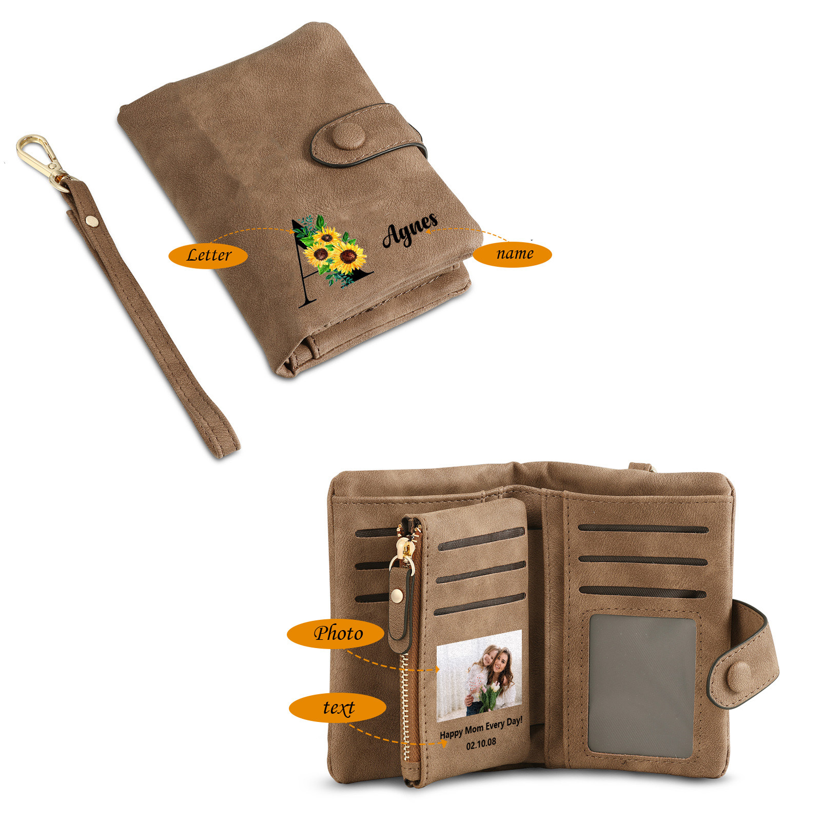 Portefeuille Fleur 1 Prénom et Lettre Personnalisés avec Photo et Texte Porte-Monnaie Carte pour Femmes