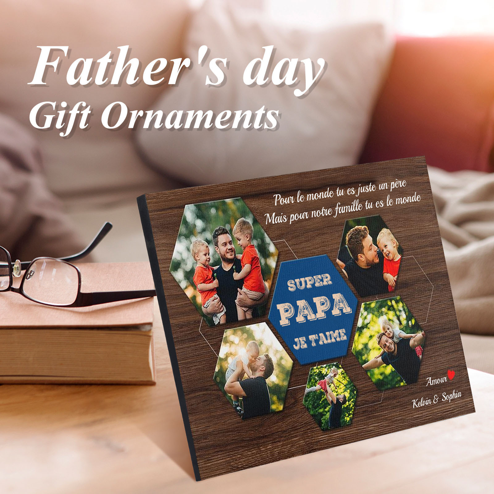 SUPER PAPA - Cadre en bois personnalisé texte avec 5 photo