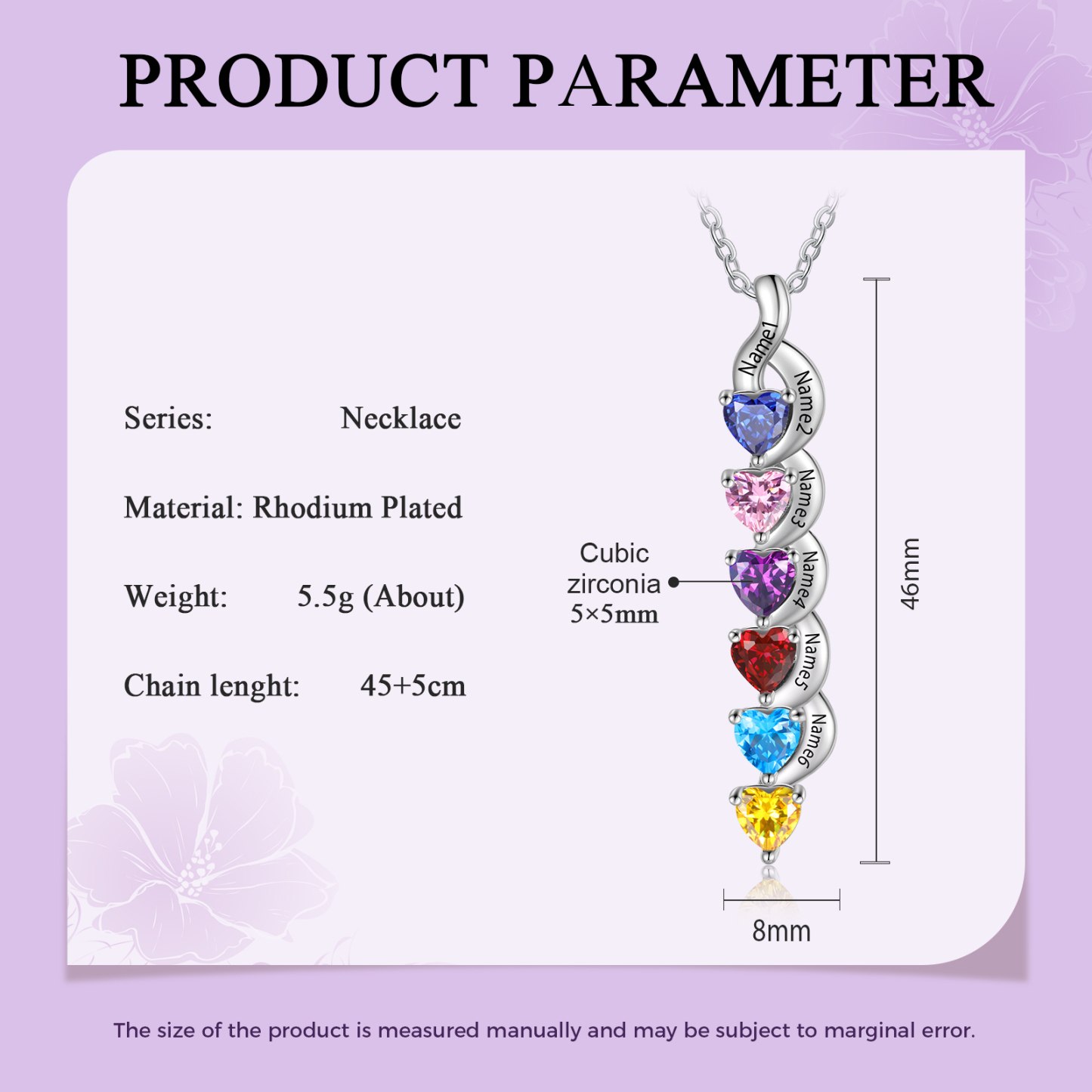 1-6 Noms Collier Cœur Personnalisé avec Pierres de naissance pour Femme