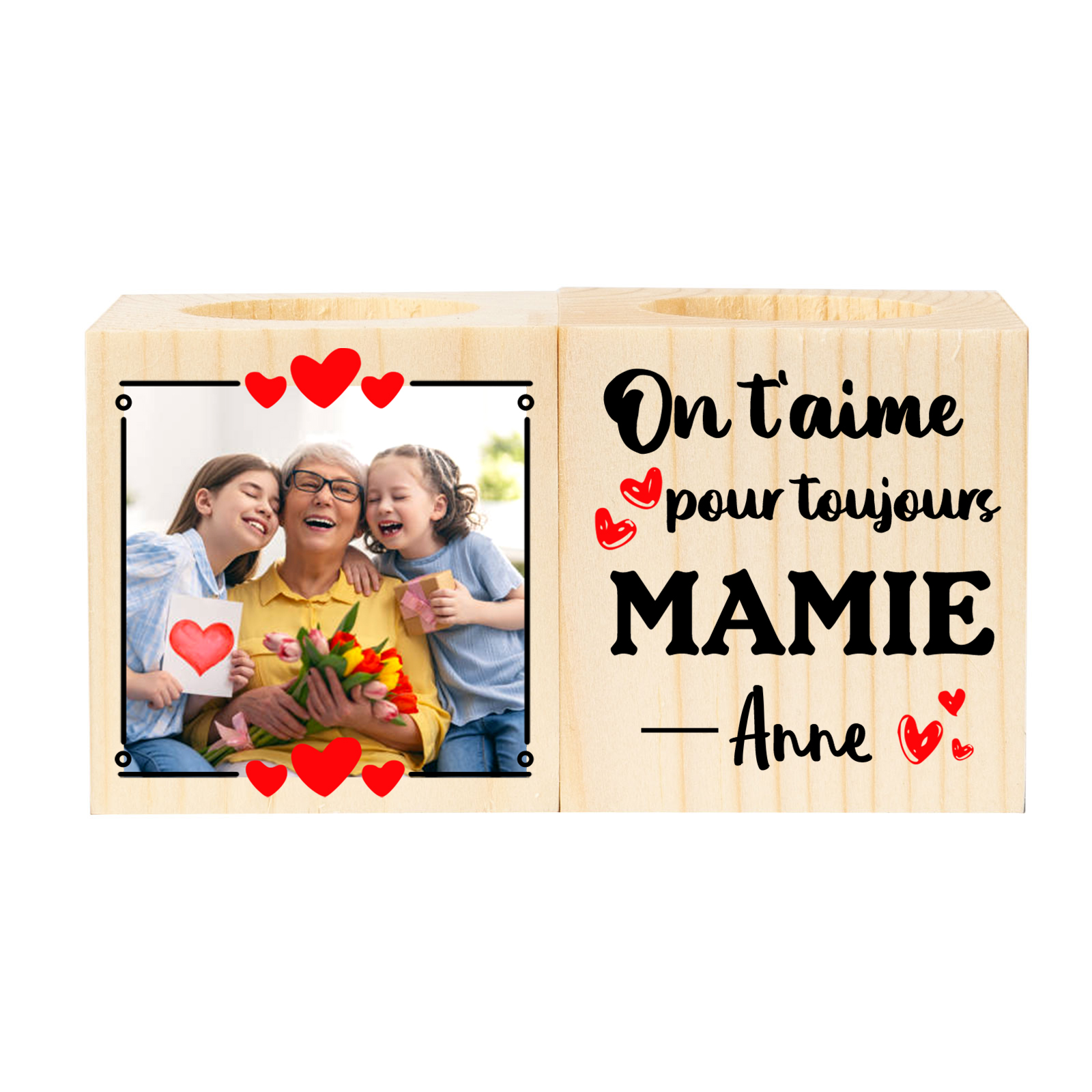 À Ma Mamie - Bougeoir en Bois 1 Prénom et Photo Personnalisés sans bougie