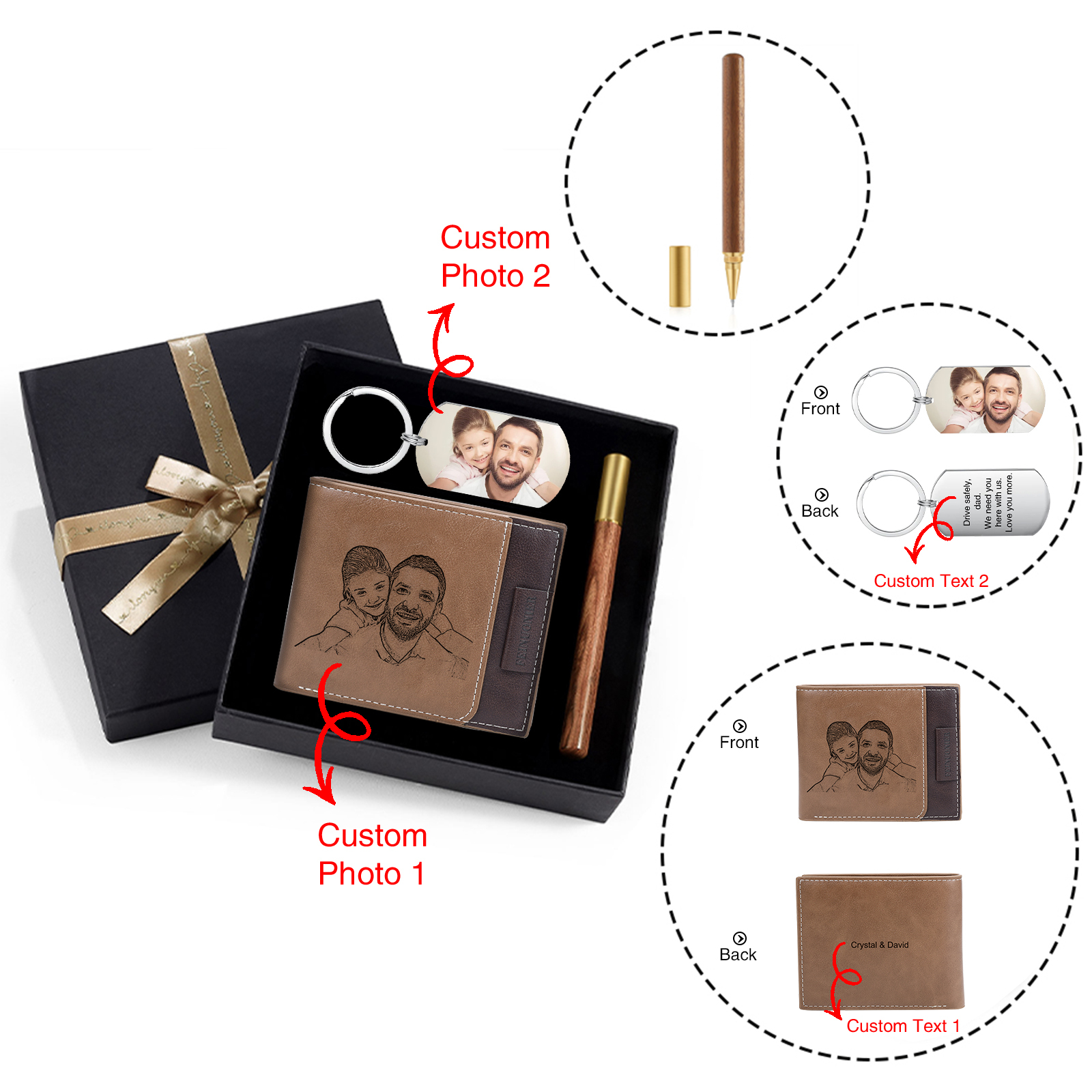Coffret Cadeau 3PCS - Portefeuille classique Porte-Clés et Stylo 2 Textes 2 Photos Personnalisés Coffret Cadeau pour Homme | Jessemade