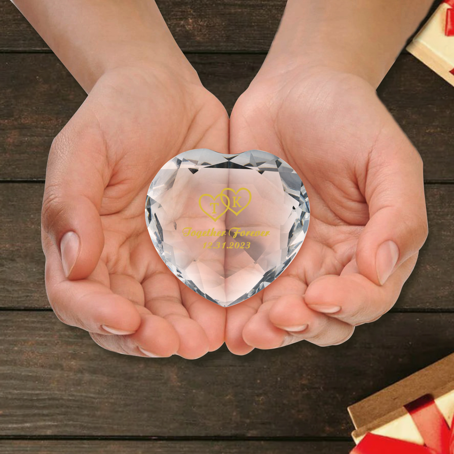 Décoration Cristal Cœur 2 Lettres Personnalisées avec Texte et Date pour Couple