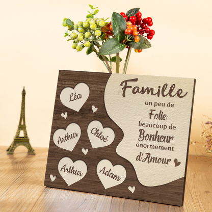 Cadre en Bois Cœur 5 Prénoms Personnalisés pour Famille