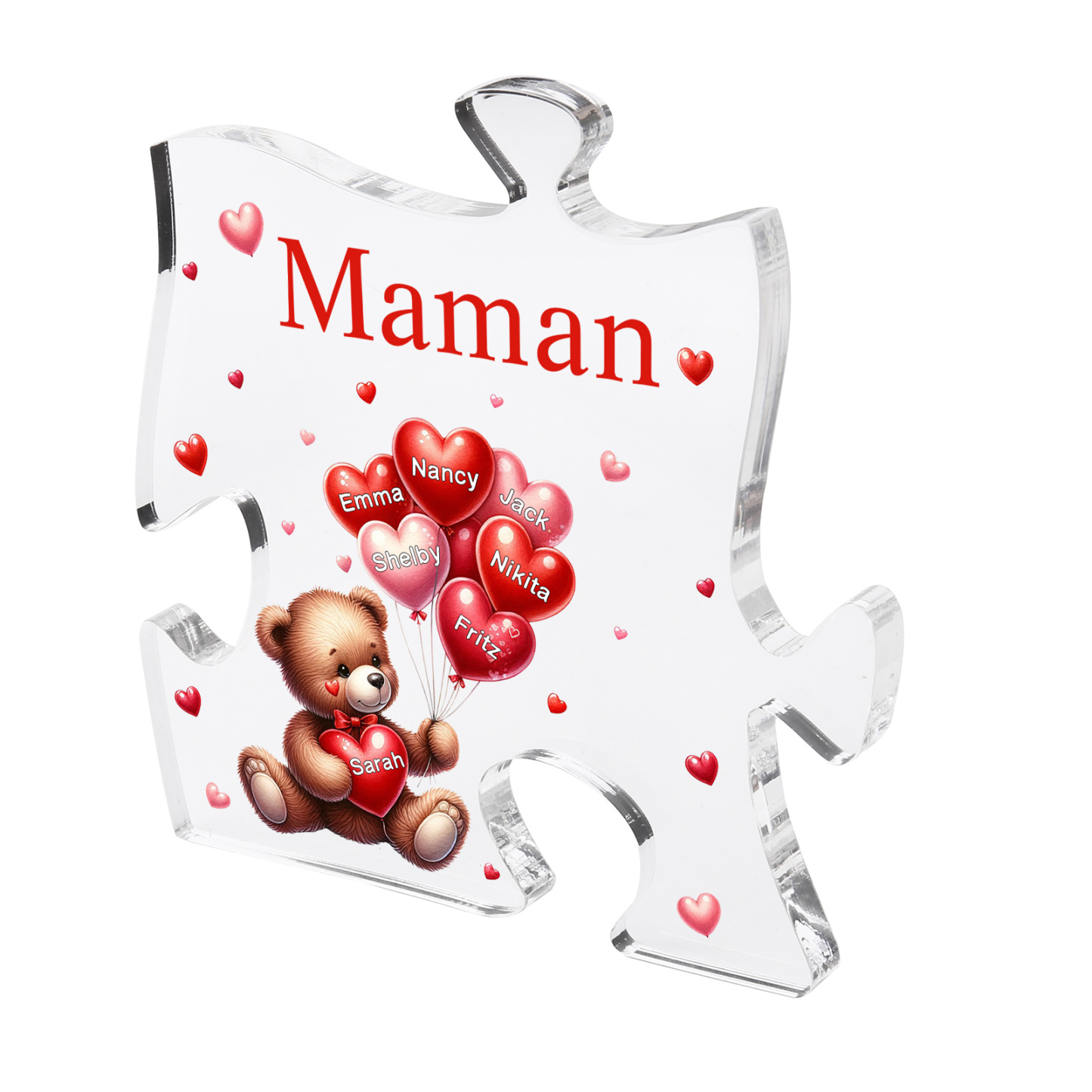 Plaque Acrylique en forme de Puzzle Ours 7 Prénoms et 1 Texte Personnalisés