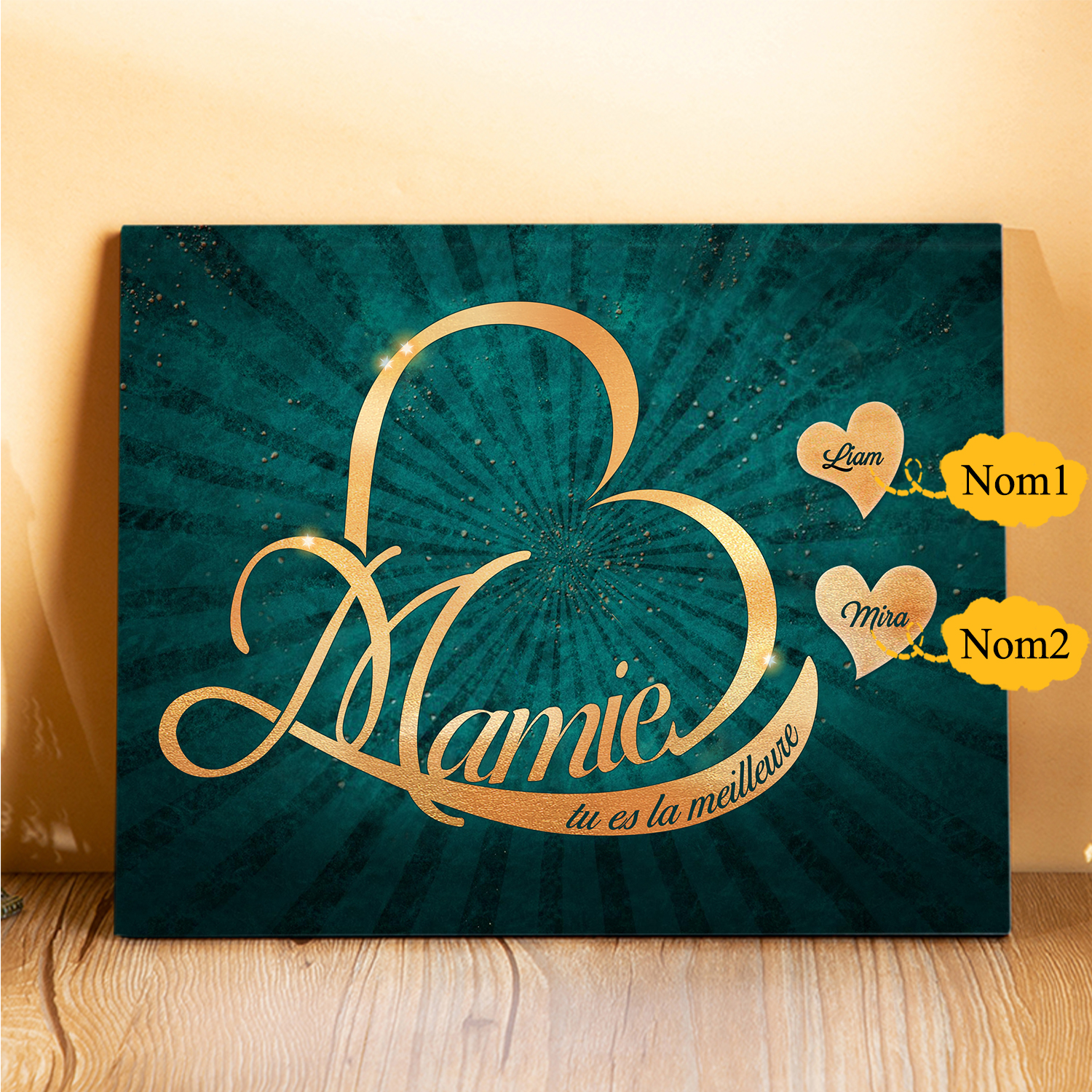 À ma Mamie - Cadre en Bois Cœur 1-6 Prénoms Personnalisés