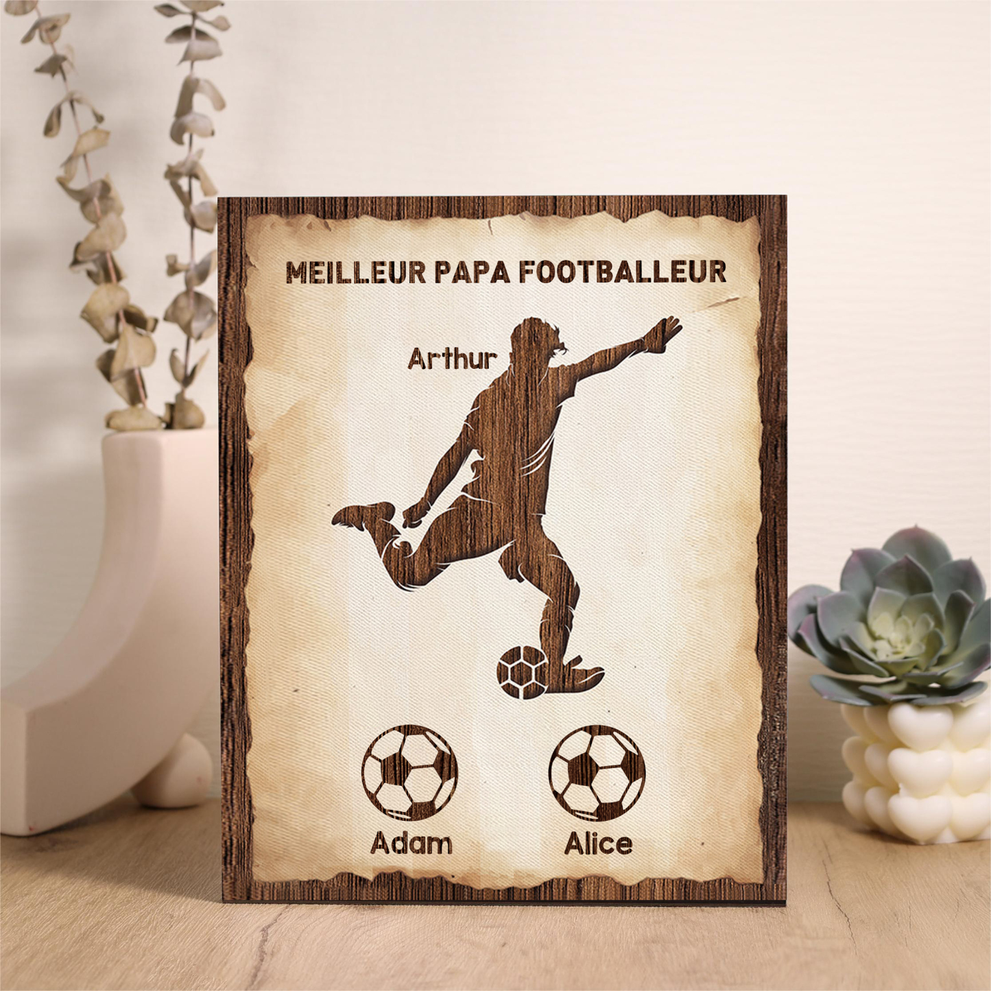 À Mon Papa-Cadre en Bois Football 3 Prénoms Personnalisés