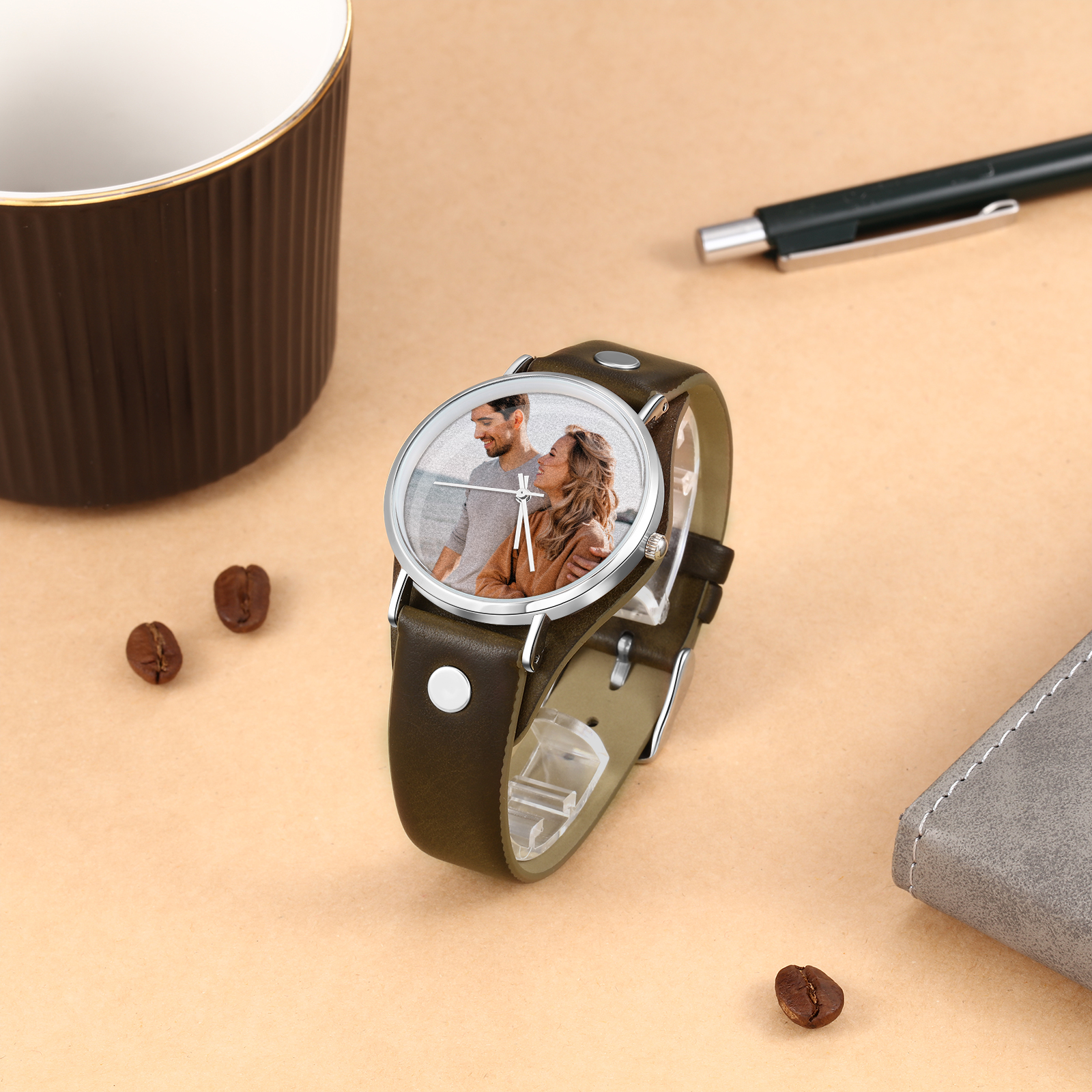 Montre Personnalisée Photo avec Gravure du prénom ou Message Bracelet en Cuir