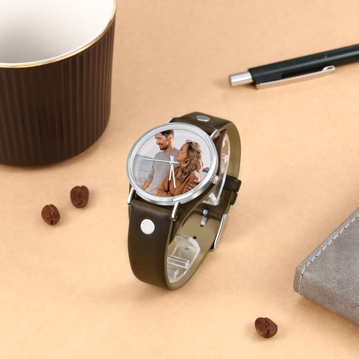 Montre Personnalisée Photo avec Gravure du prénom ou Message Bracelet en Cuir