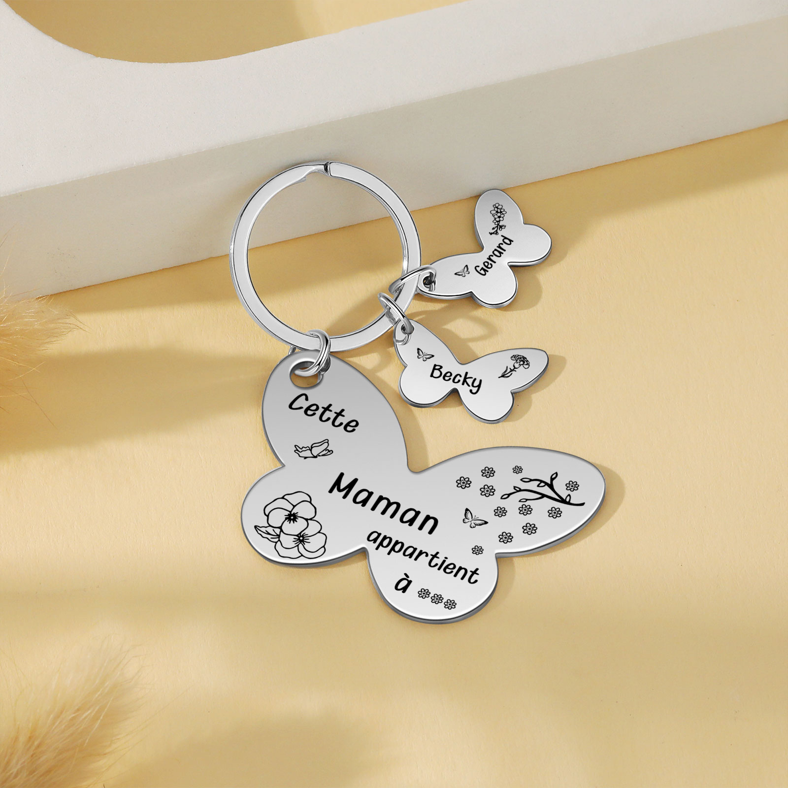 À Maman/Mamie - Porte-Clés Papillon 2 Prénoms et Fleurs de Naissance Personnalisés avec Texte 