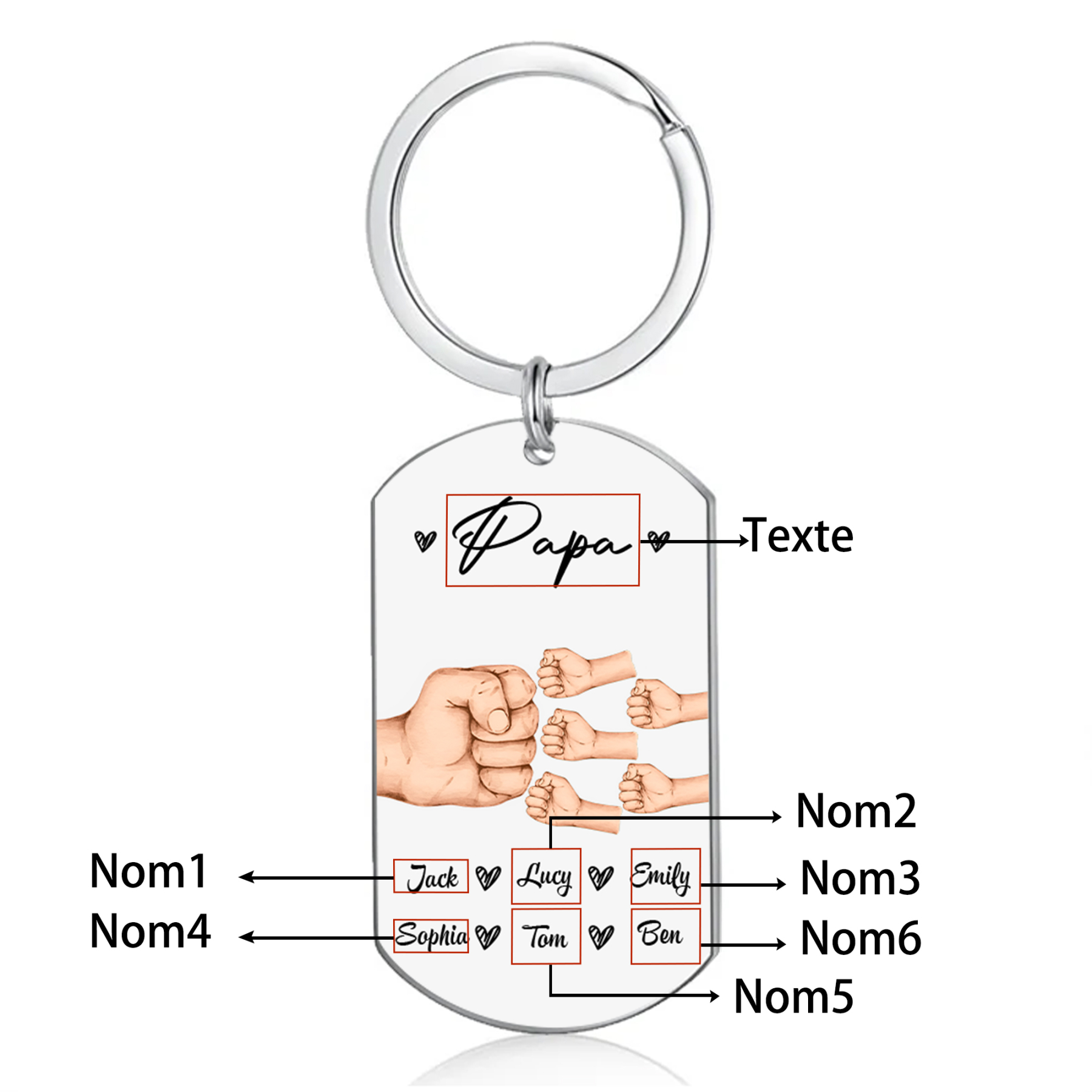À Papa/Papi - Porte-Clés Poings 6 Prénoms Personnalisés
