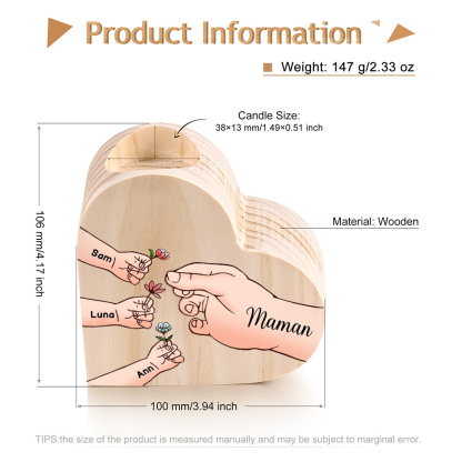 À Ma Maman/Mamie - Bougeoir en Bois Mains et Enfants 4 Prénoms Personnalisés pour Famille sans bougie