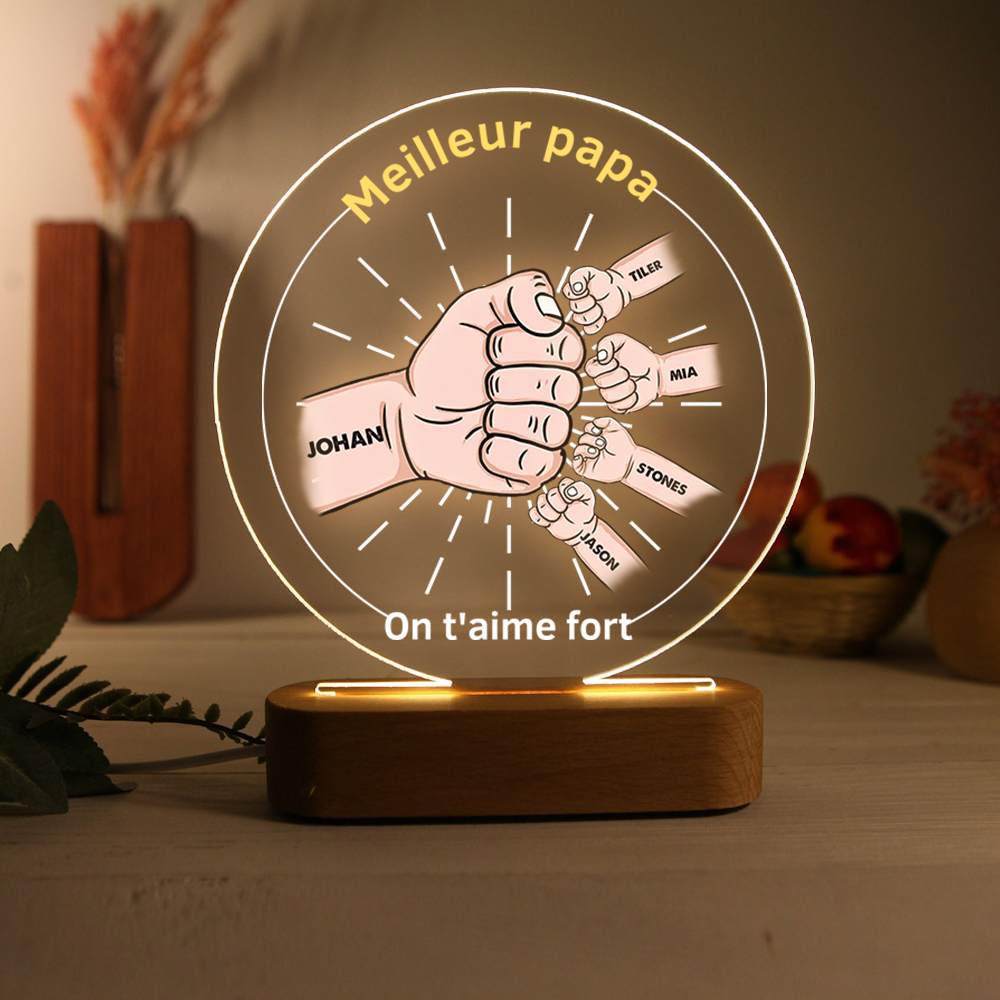 À Papa/Papi - Lampe de chevet LED Lumières Poings 5 Prénoms et 2 Textes Personnalisés pour Famille
