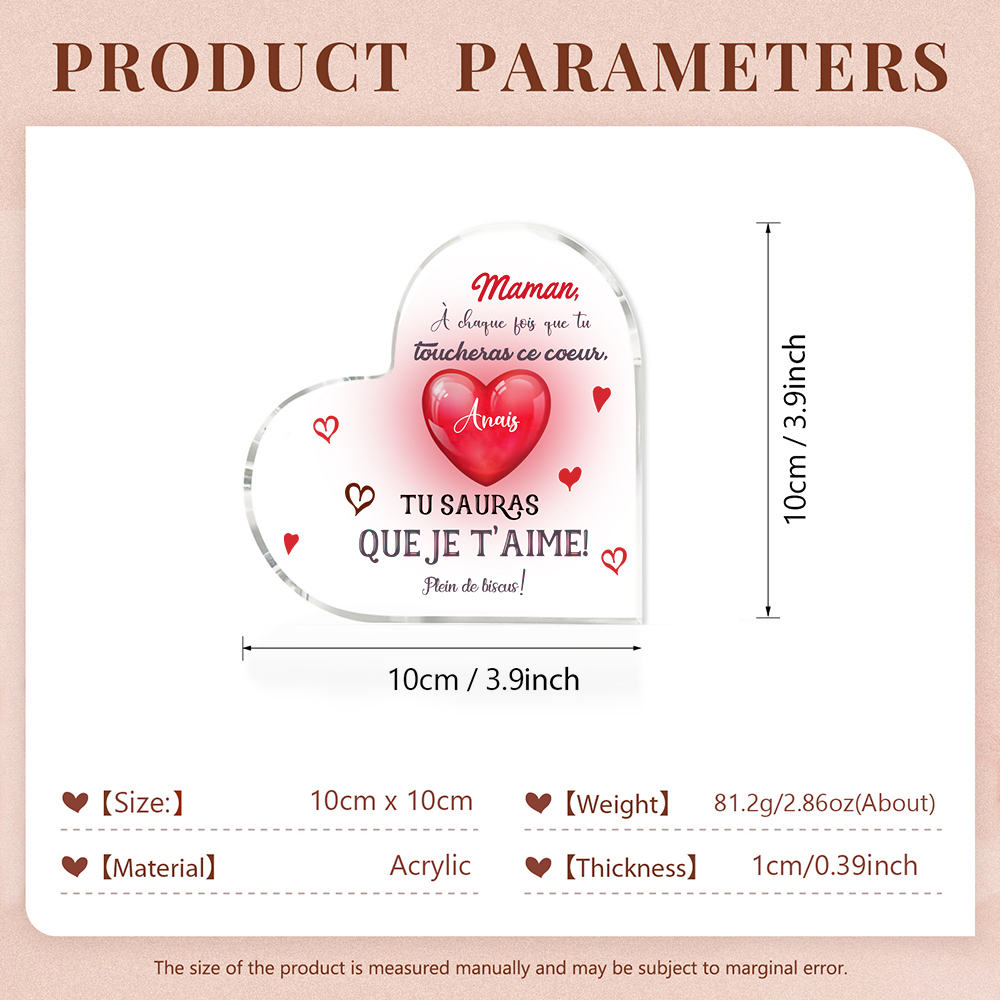 À ma Maman - Plaque Acrylique en Forme de Cœur 1 Prénom Personnalisé 