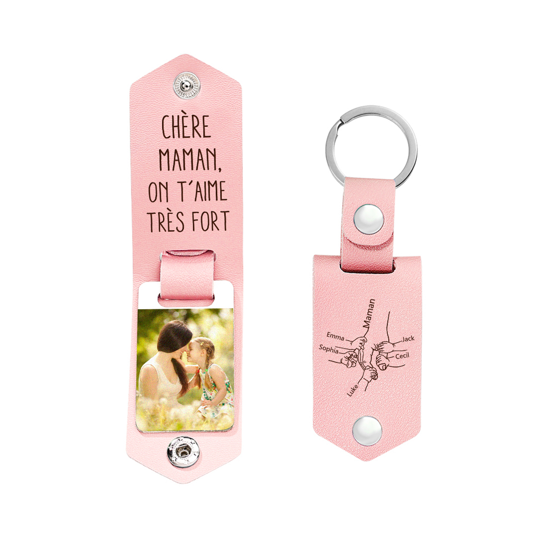 À ma Maman - Porte-Clés Cuir la Main dans la Main 5 Prénoms Personnalisés avec Photo | Jessemade