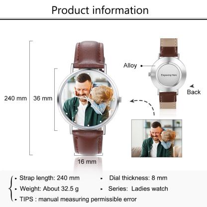 Montre Personnalisée Photo avec Gravure du prénom ou Message Bracelet en Cuir pour Femme