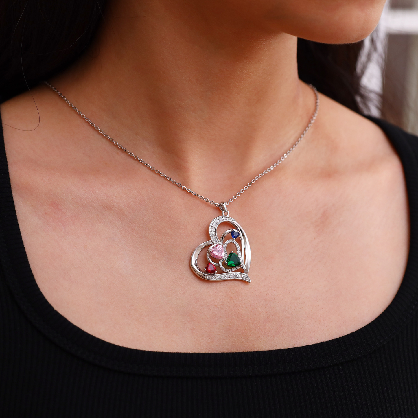 Collier Pendentif Cœur 4 Prénoms Personnalisés avec 4 Pierres de Naissance Collier Femmes