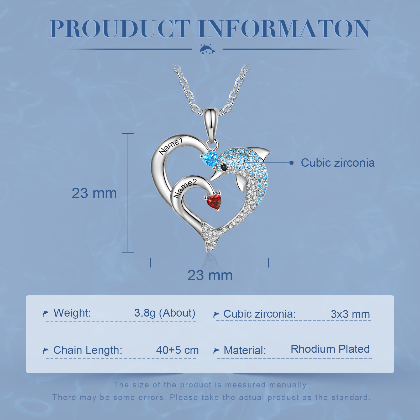 Collier coeur et dauphin 2 Prénoms Personnalisés avec 2 Pierre de Naissance