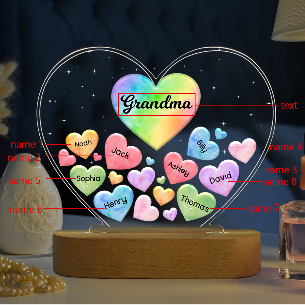 À Maman/Mamie - Lampe de chevet LED Cœurs 8 Prénoms Personnalisés avec 1 Texte