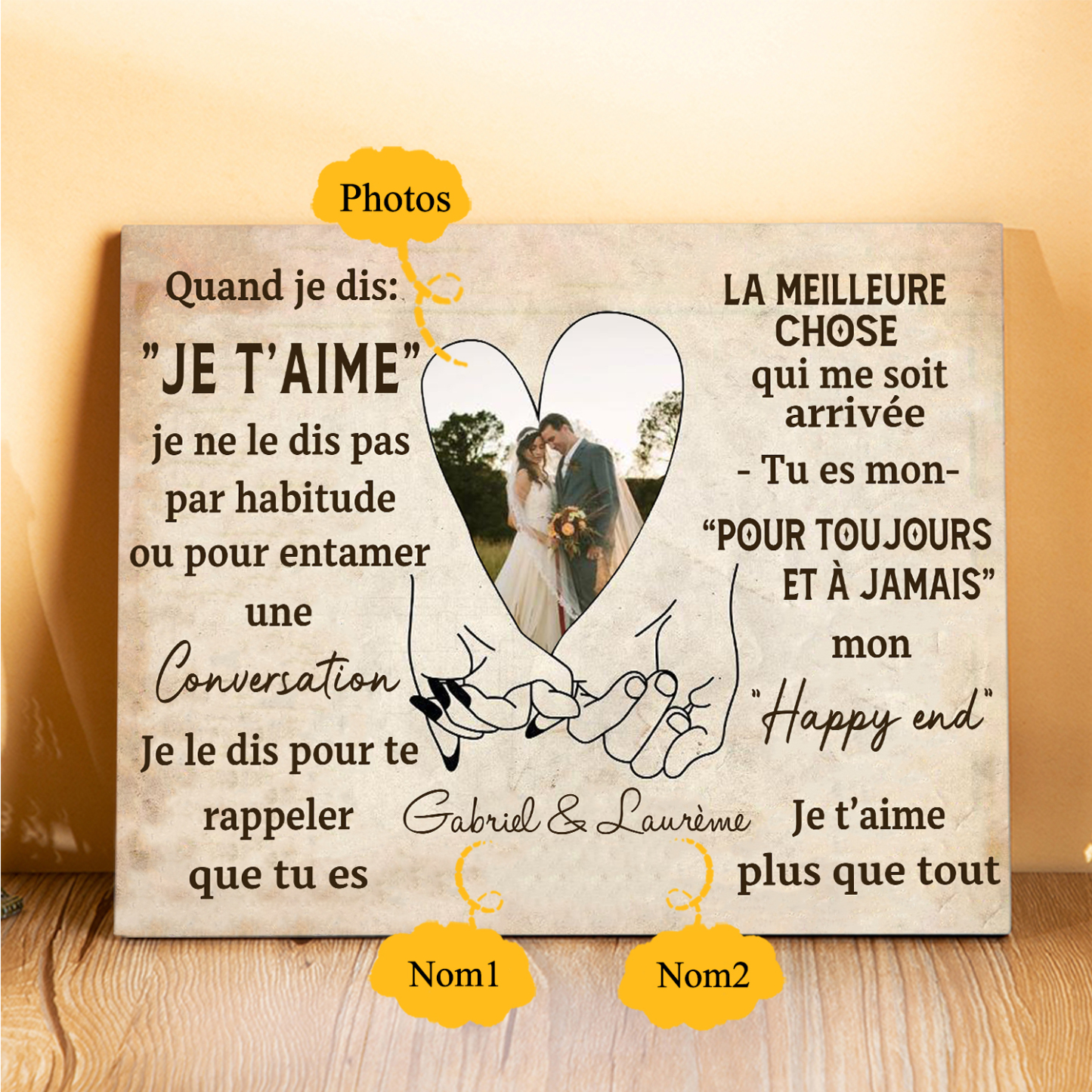 Cadre en Bois 2 Prénoms Personnalisés avec Photo pour Couple Cadeau Saint Valentin