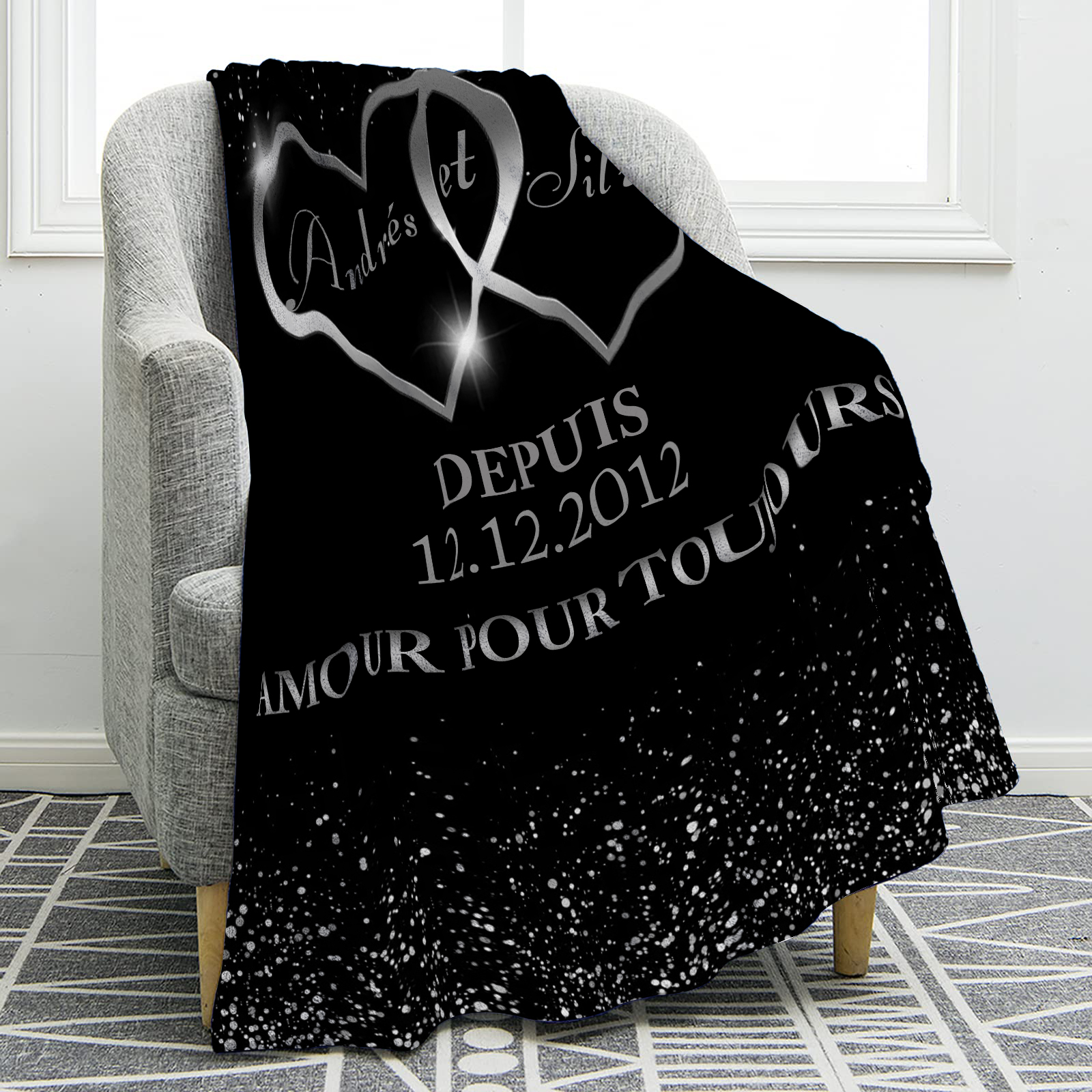 Couverture Plaids Polaire 2 Prénoms Personnalisés avec Date et Texte pour Couple | Jessemade