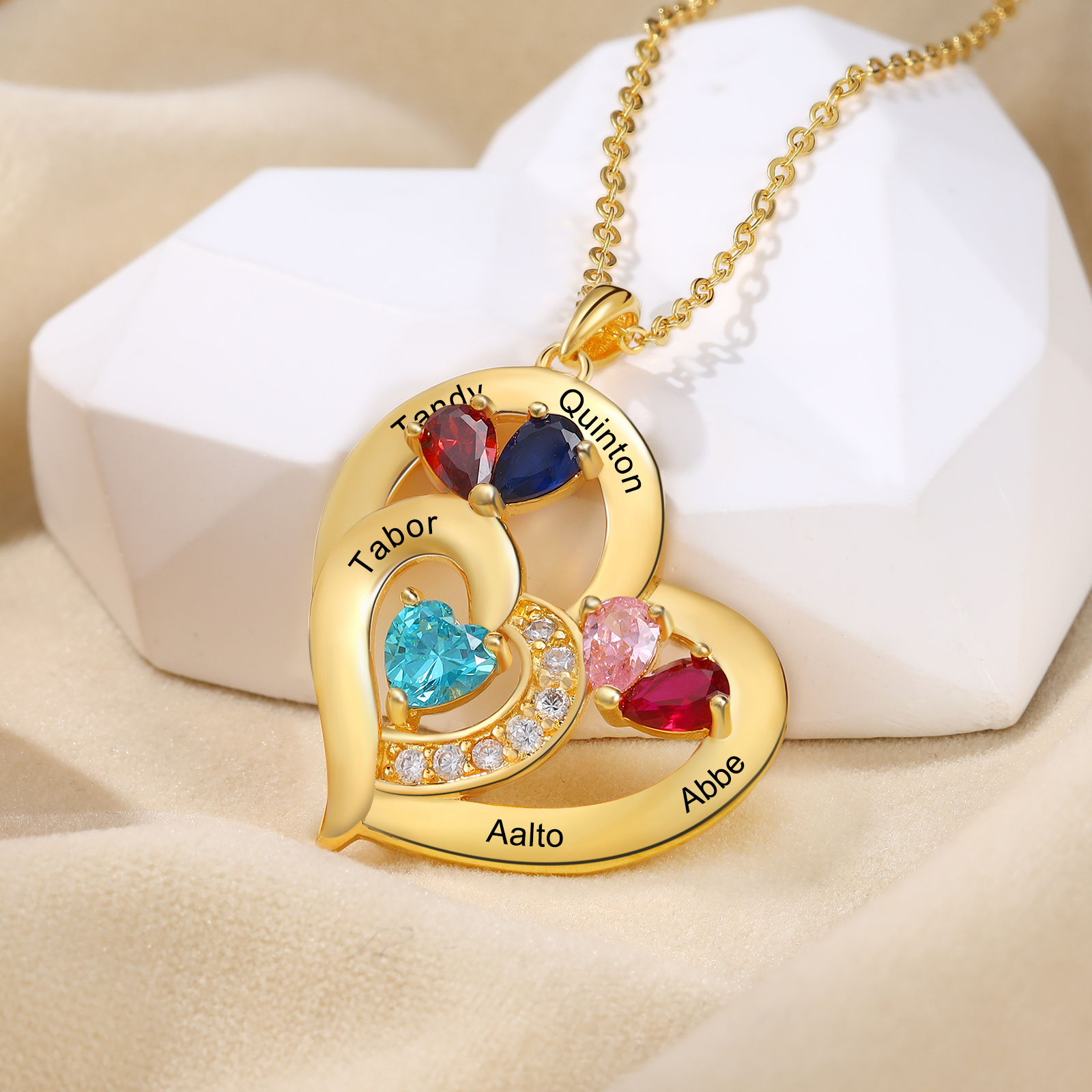 Collier Cœur 1-6 Prénoms Personnalisés avec Pierre de naissance