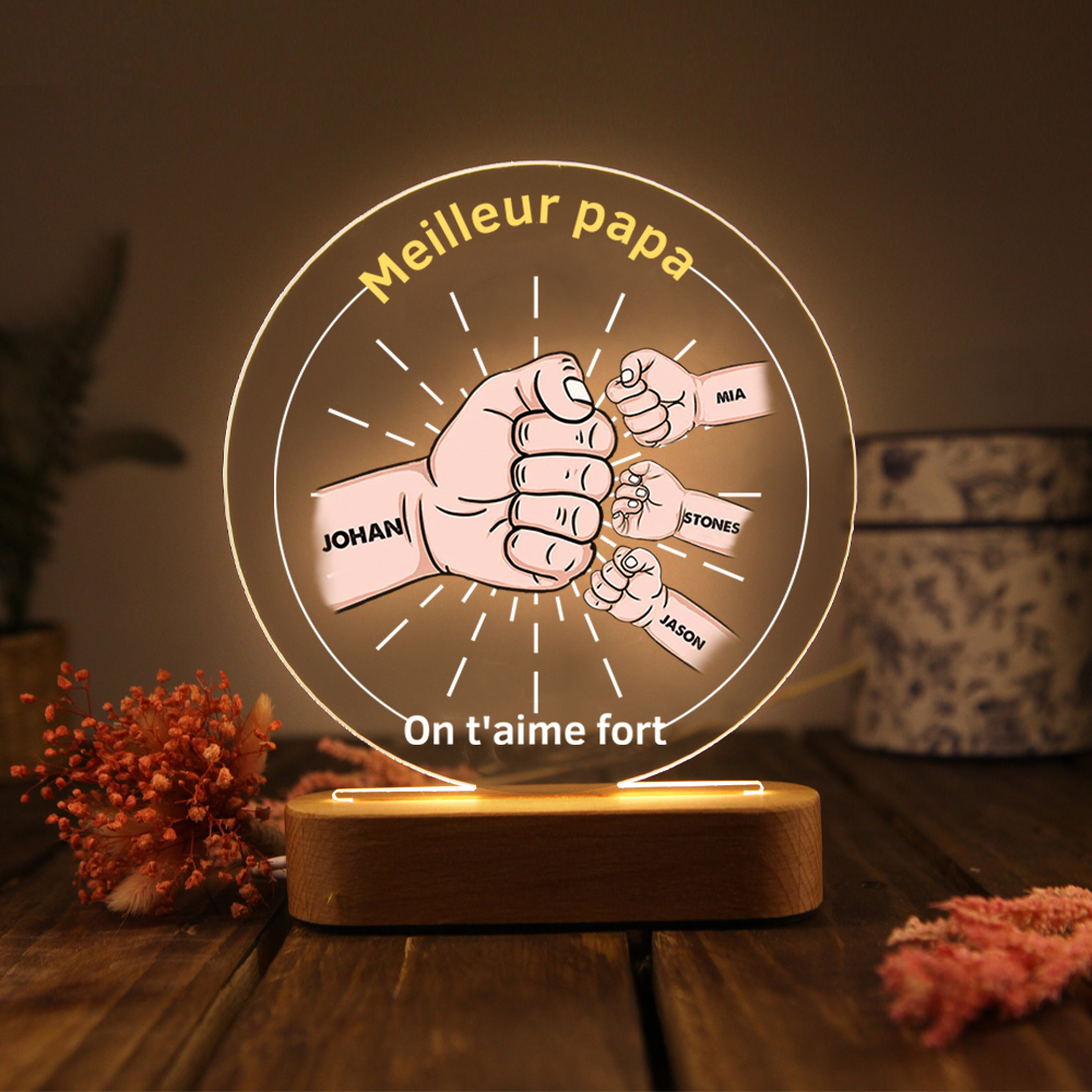 À Papa/Papi - Lampe de chevet LED Lumières Poings 4 Prénoms et 2 Textes Personnalisés pour Famille