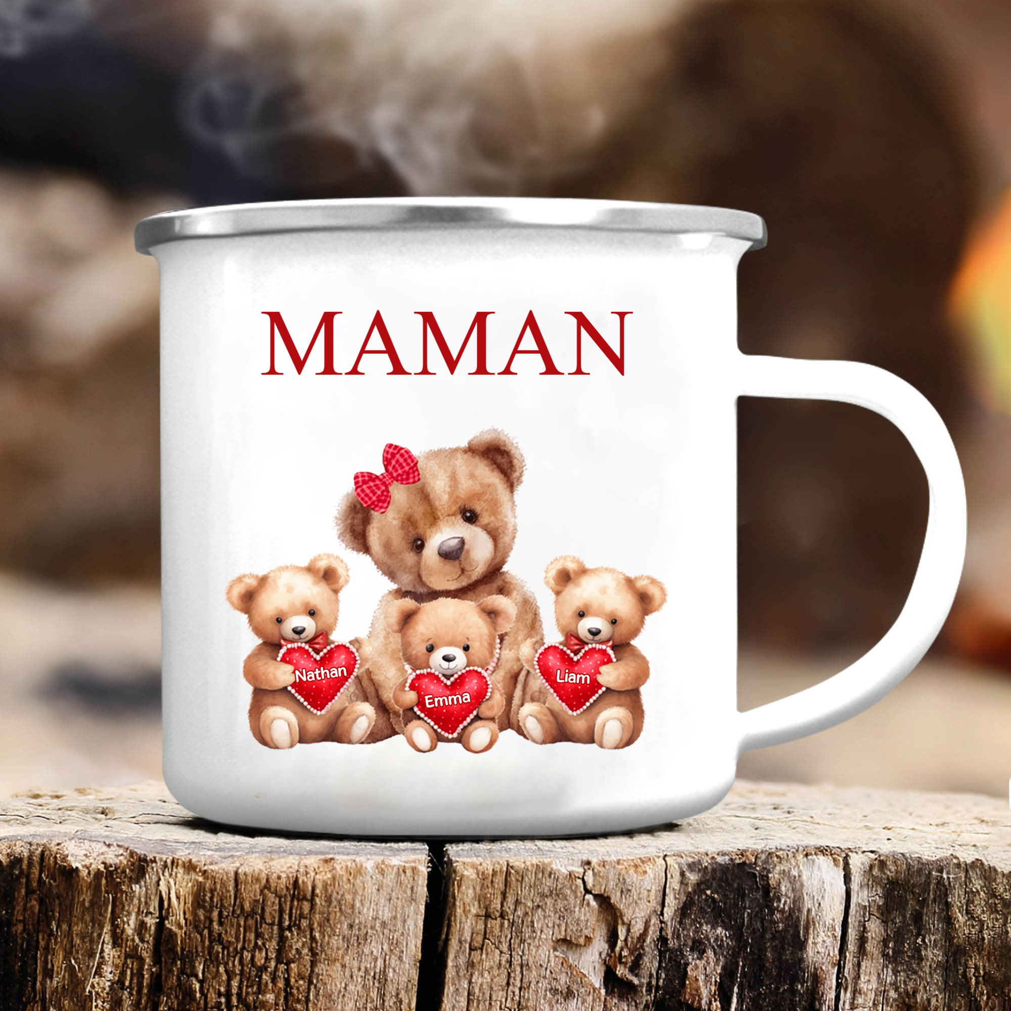 À Maman/Mamie - Tasse émaillée Ours 3 Prénoms Personnalisés