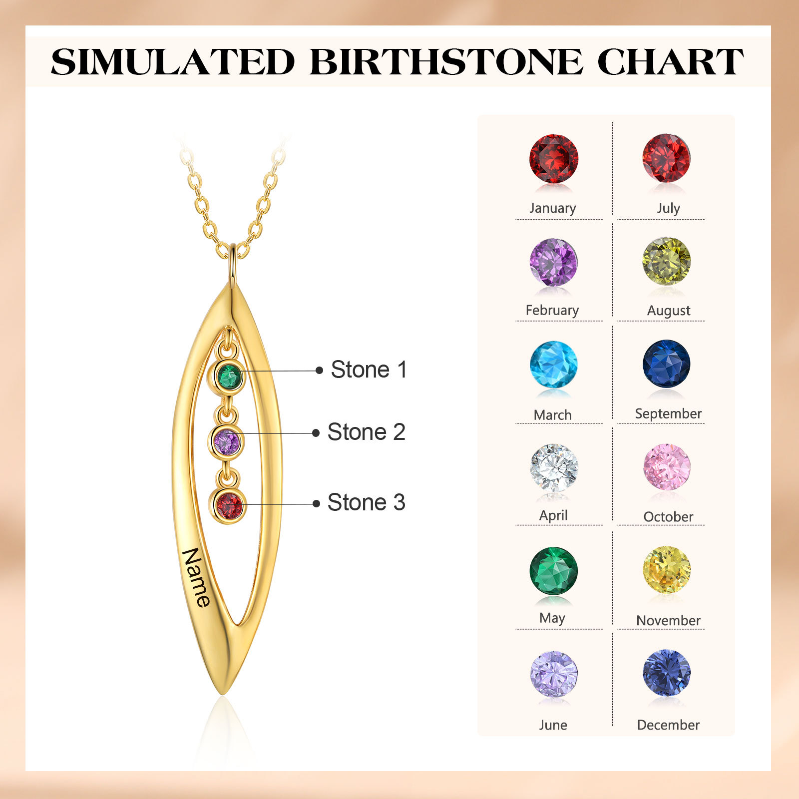 Collier Pendentif Feuilles 1 Prénom et 3 Pierres de Naissance Personnalisés Collier Femmes | Jessemade