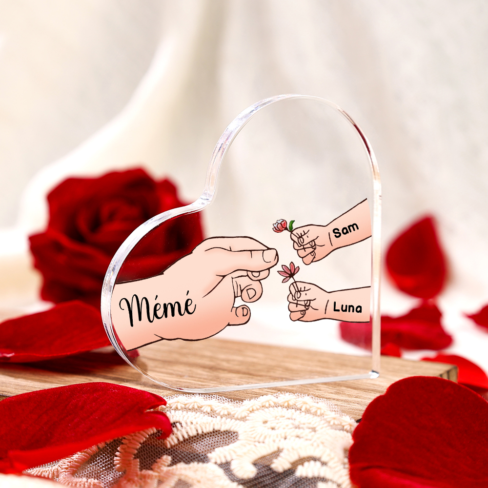 À ma Maman/Mamie - Plaque Acrylique Mains et Enfants en Forme de Cœur 3 Prénoms Personnalisés