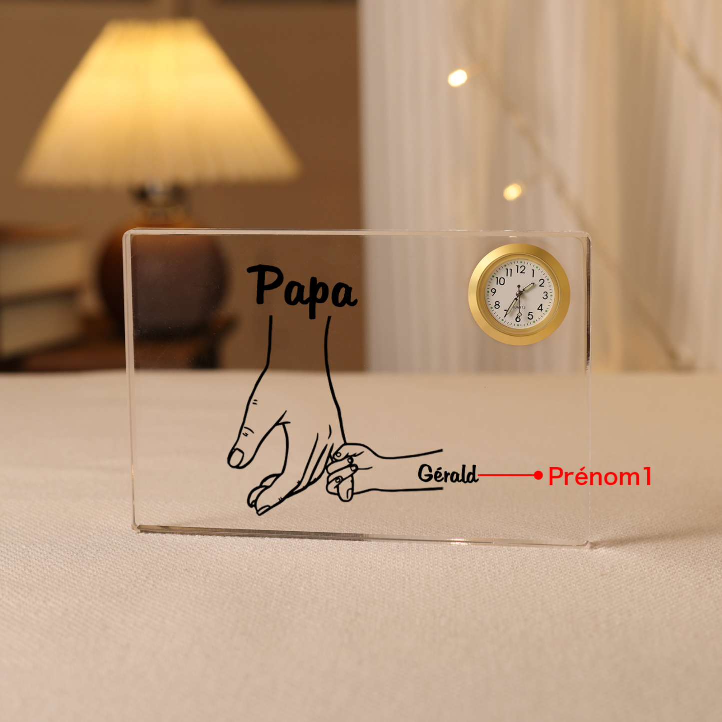 À mon Papa - Plaque Acrylique rectangle avec Horloge la main dans la main 1 Prénom Personnalisé