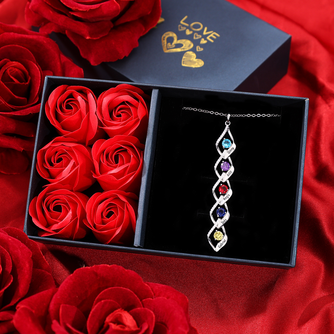 Collier Pendentif infini 5 Prénoms Personnalisés avec Pierre de naissance pour Femmes