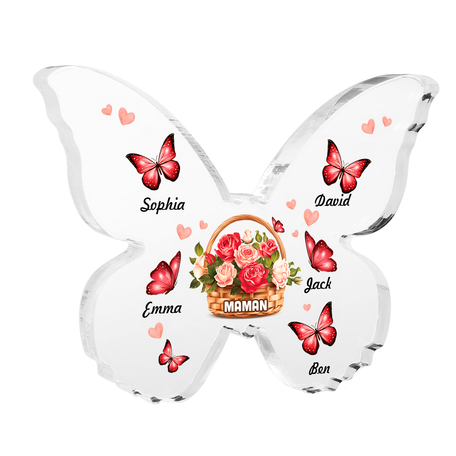 À Maman/Mamie - Plaque Acrylique en forme de Papillon 5 Prénoms et 1 Texte Personnalisés Decoration Fleurs et Papillons