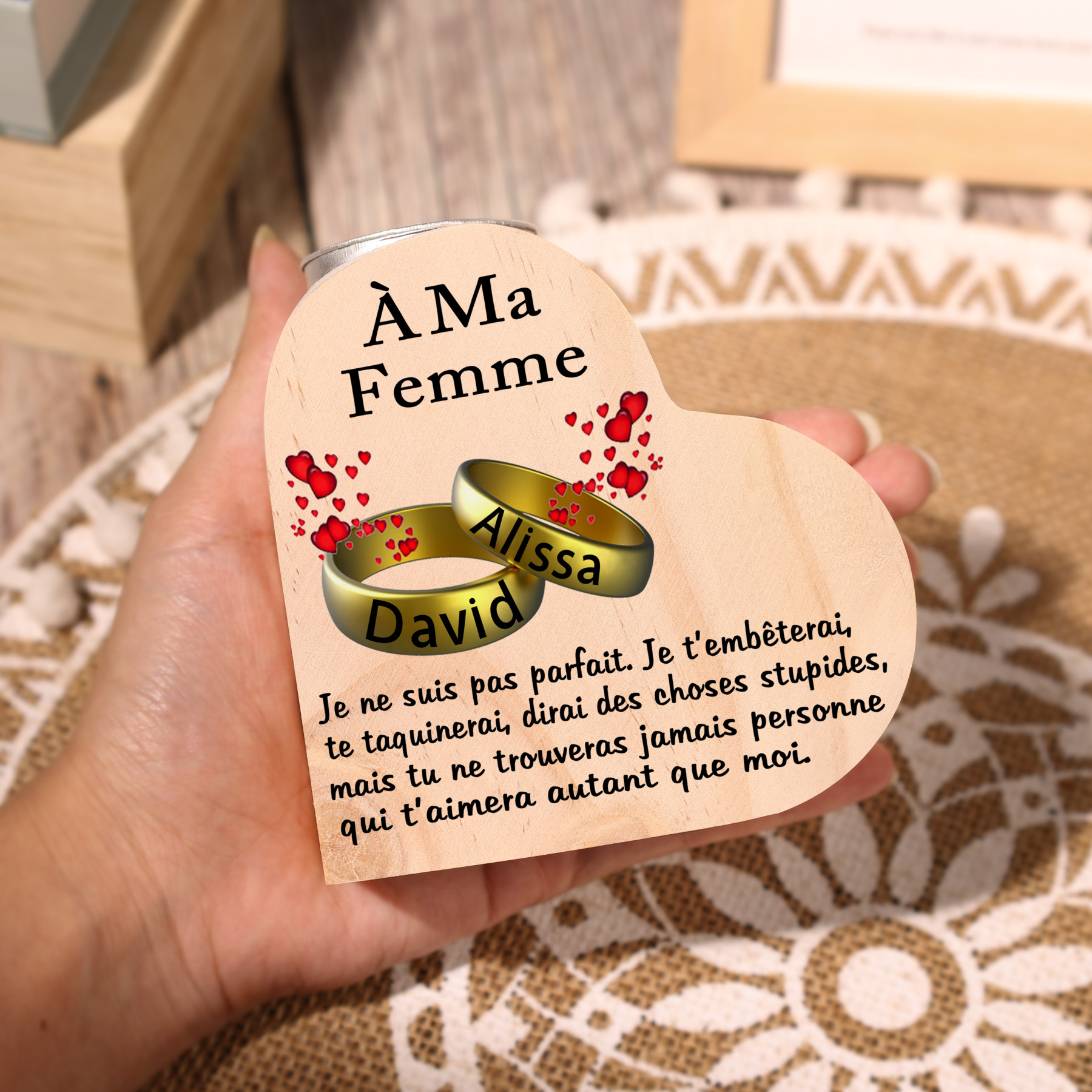 À Ma Femme-Bougeoir en Bois Couple 2 Prénoms Personnalisés sans bougie