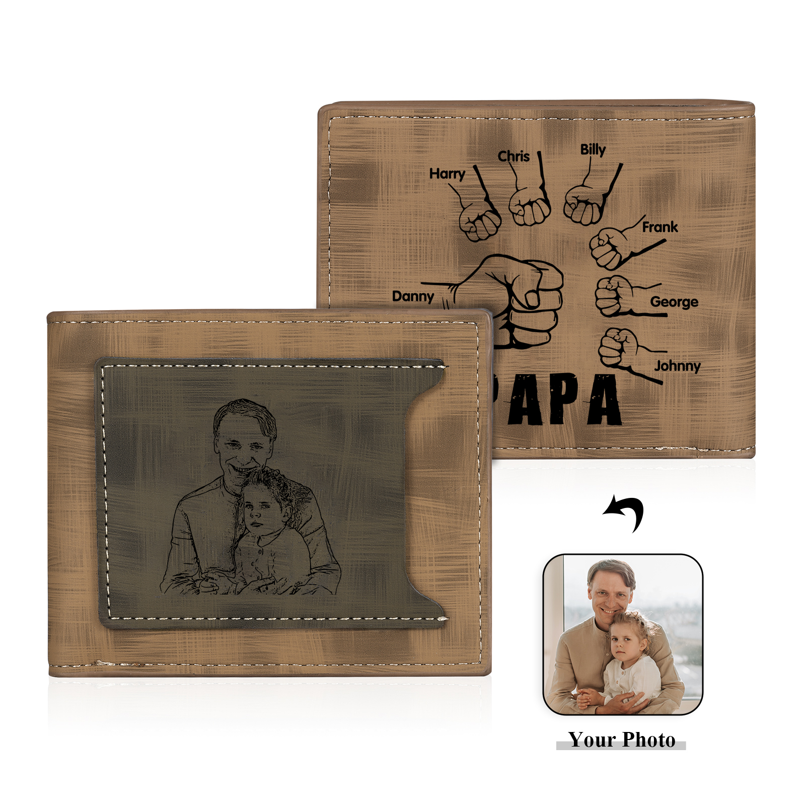 À mon Papa - Portefeuille Poings 7 Prénoms Personnalisés avec Photo Classique Homme Porte-Monnaie Carte