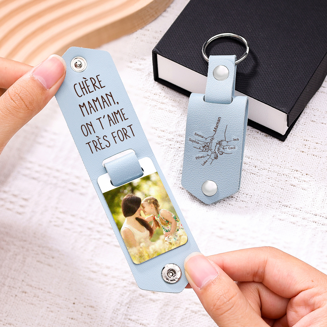À ma Maman - Porte-Clés Cuir la Main dans la Main 6 Prénoms Personnalisés avec Photo