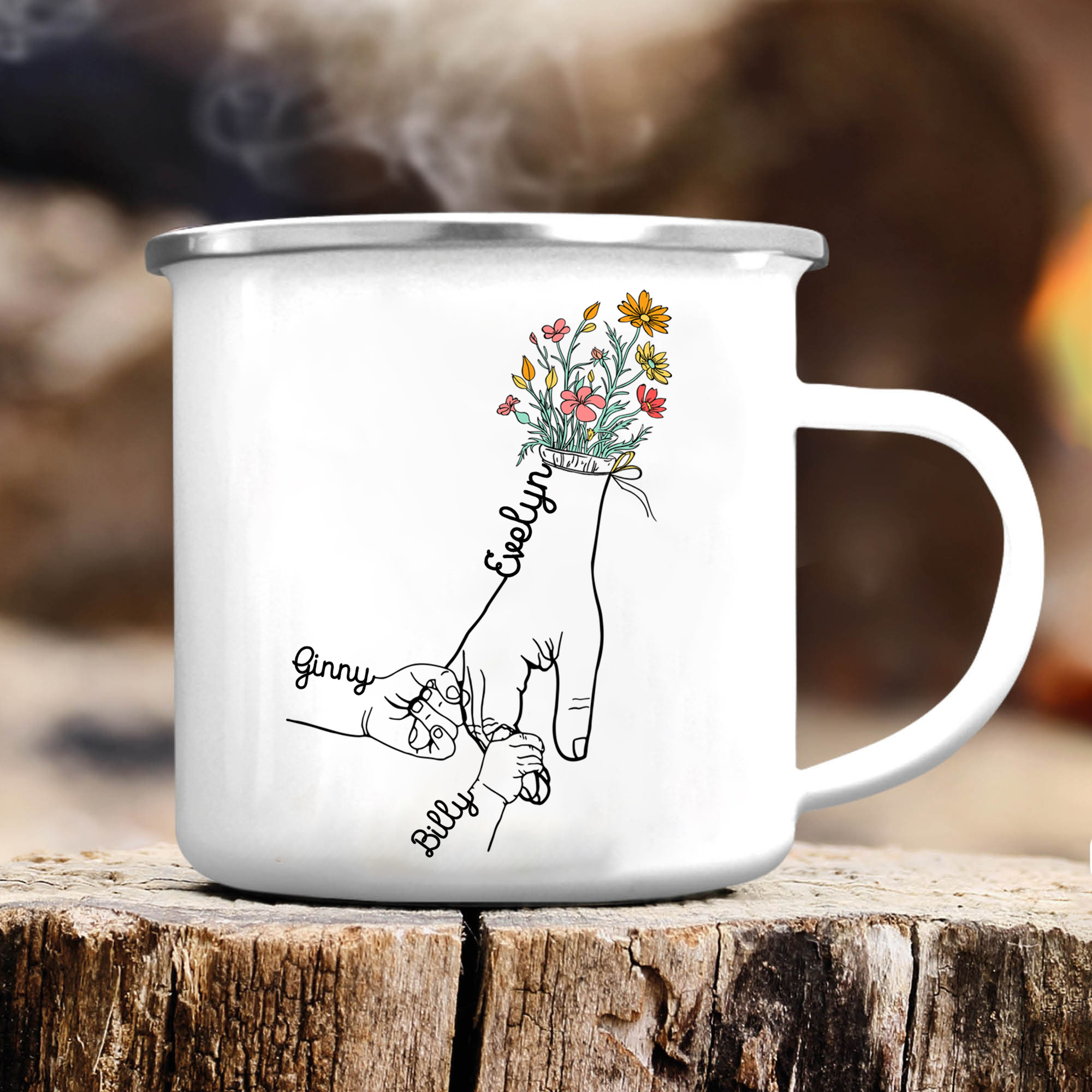 À Maman/Mamie - Tasse émaillée la Main dans la Main 3 Prénoms Personnalisés