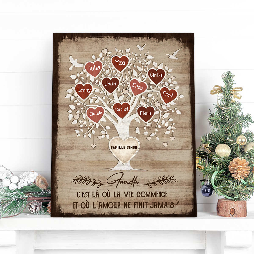 À Famille - Cadre imprimé en bois Arbre de vie Arbre généalogique 10 Prénoms personnalisé avec texte