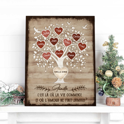 À Famille - Cadre imprimé en bois Arbre de vie Arbre généalogique 10 Prénoms personnalisé avec texte