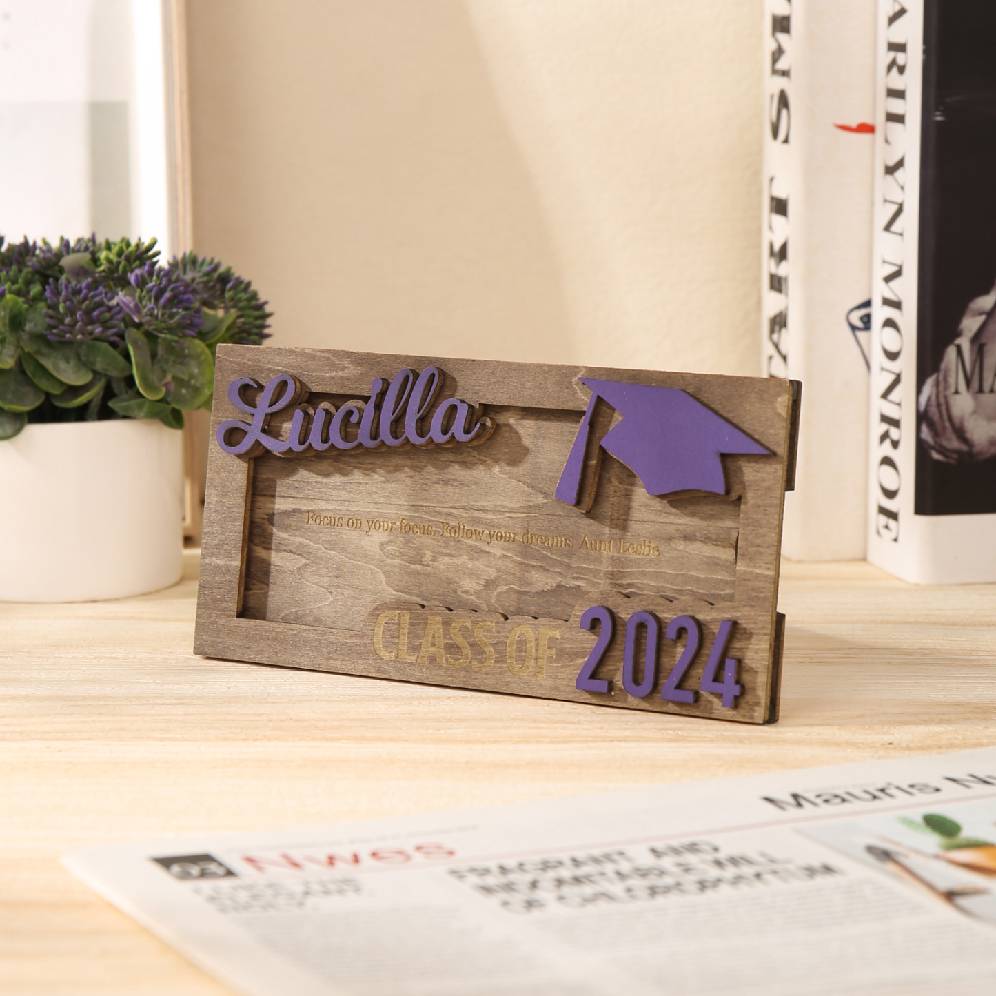 Porte-Cartes Diplômé en bois Prénom et Texte Personnalisés Cadeau de Graduation