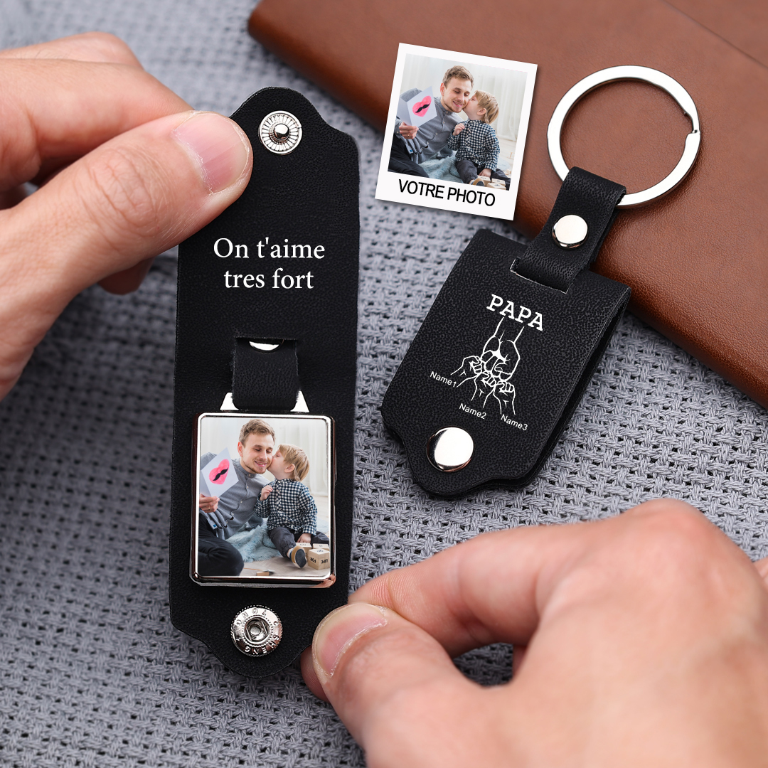 À mon Papa - Porte-Clés Cuir Poings 3 Prénoms Personnalisés avec Photo et Texte