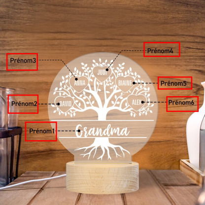 À ma Mamie/Maman - Lampe de chevet Arbre de vie LED Lumières 6 Prénoms Personnalisés pour Famille