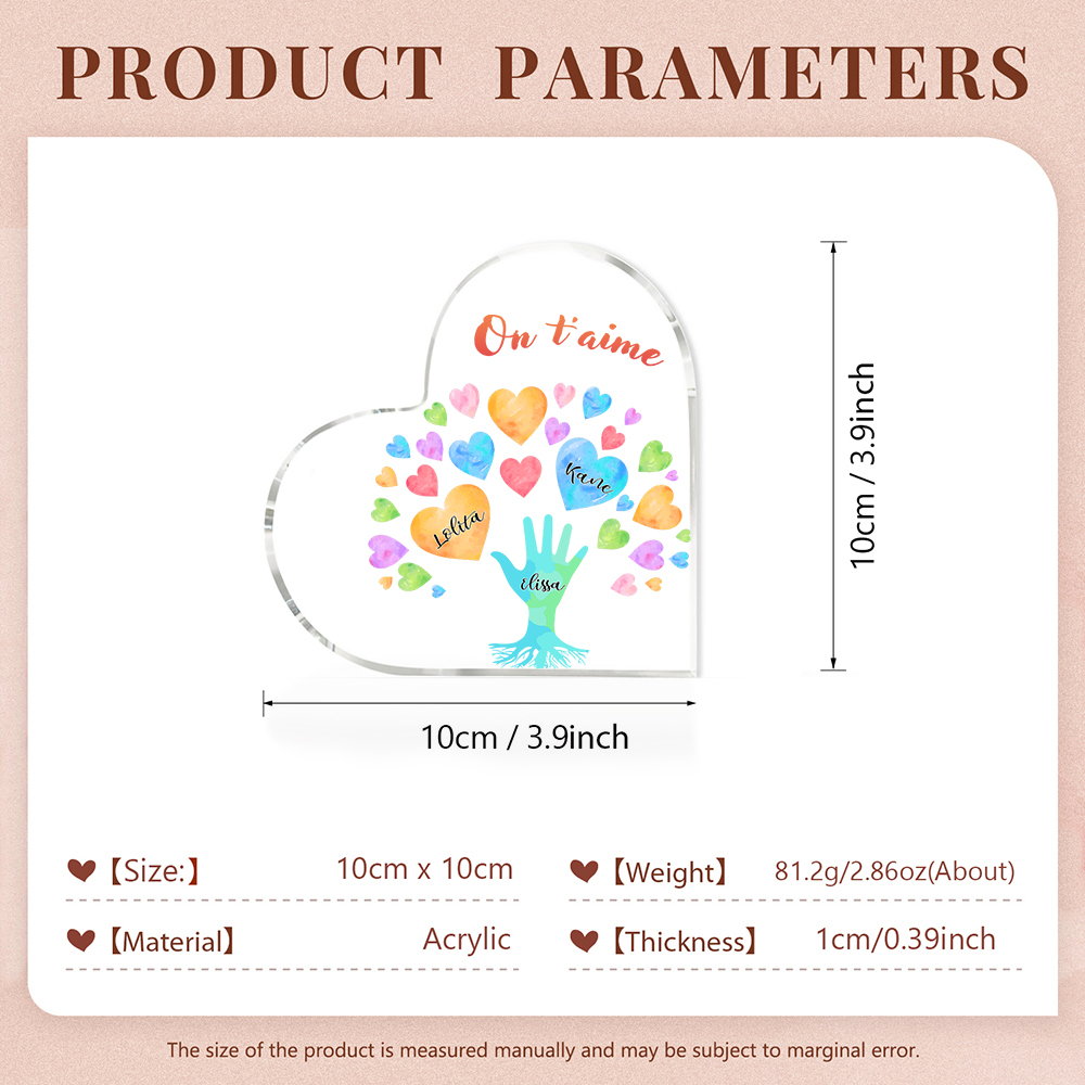 Plaque Acrylique en Forme de Cœur 3 Prénoms Personnalisés avec Texte pour Famille