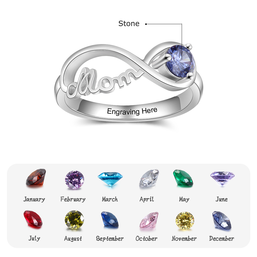 Bague infini MOM avec 1 Pierre de Naissance argent sterling 925